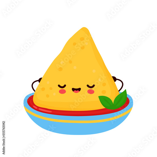 Cute happy funny nacho in salsa sauce bowl