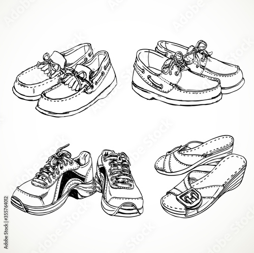Sketch of shoes for men and women moccasins, sneakers, women's s
