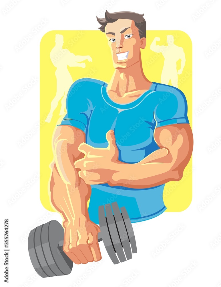Cartoon cute vector sportsman in blue t-shirt with dumbbell in hand isolated on white background Cartoon cute vector sportsman in blue t-shirt with dumbbell in hand isolated on white background