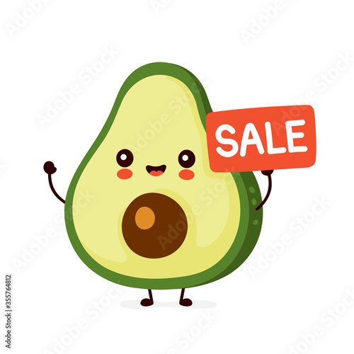 Cute happy funny avocado with sale sign