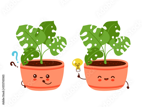 Cute happy funny monstera plant in pot 