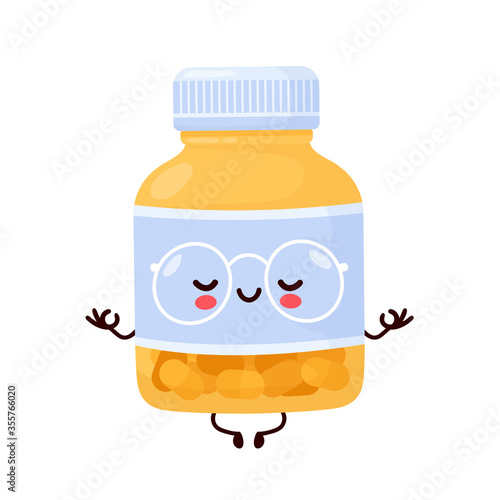 Cute happy funny pill bottle meditate