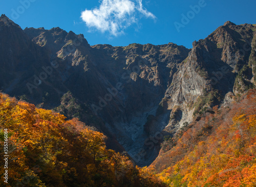 谷川岳一ノ倉沢（日本）の紅葉と快晴の青空
