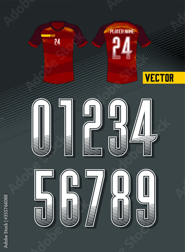 Sport Jersey shirt number/ Uniform numbers in white with a white outside contour line  on white gray for American football, Baseball and Basketball or soccer for shirt
