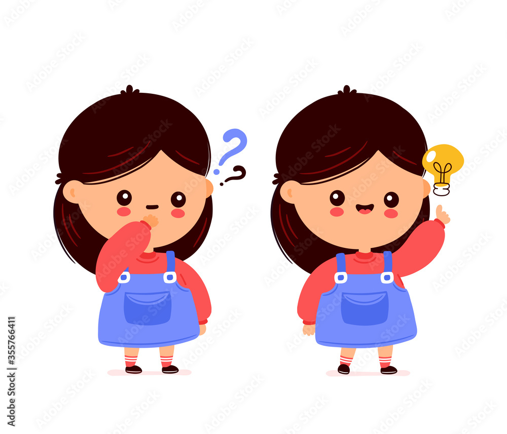 Cute happy girl with question mark and light bulb Cute happy girl with question mark and light bulb