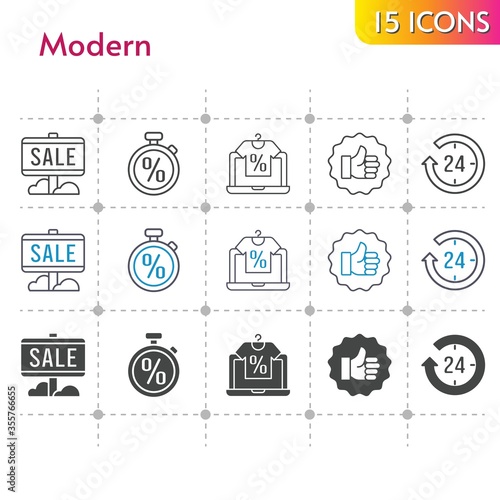modern icon set. included online shop, sale, 24-hours, like, stopwatch icons on white background. linear, bicolor, filled styles.