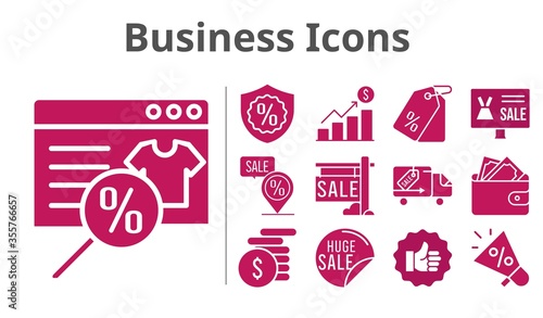 business icons set. included megaphone, online shop, profits, sale, wallet, money, like, price tag, warranty, placeholder, delivery truck icons. filled styles.