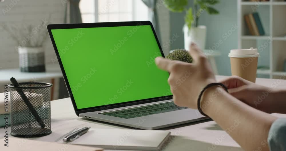 Hands of man at chroma key green screen laptop computer gesturing during an online video conferene with employees or customer - distant work, technology concept 4k template Hands of man at chroma key green screen laptop computer gesturing during an online video conferene with employees or customer - distant work, technology concept 4k template