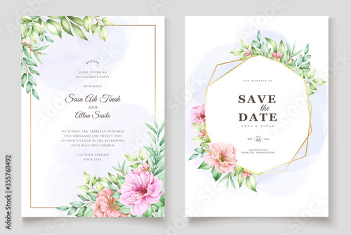 Elegant wedding card with beautiful floral and leaves template