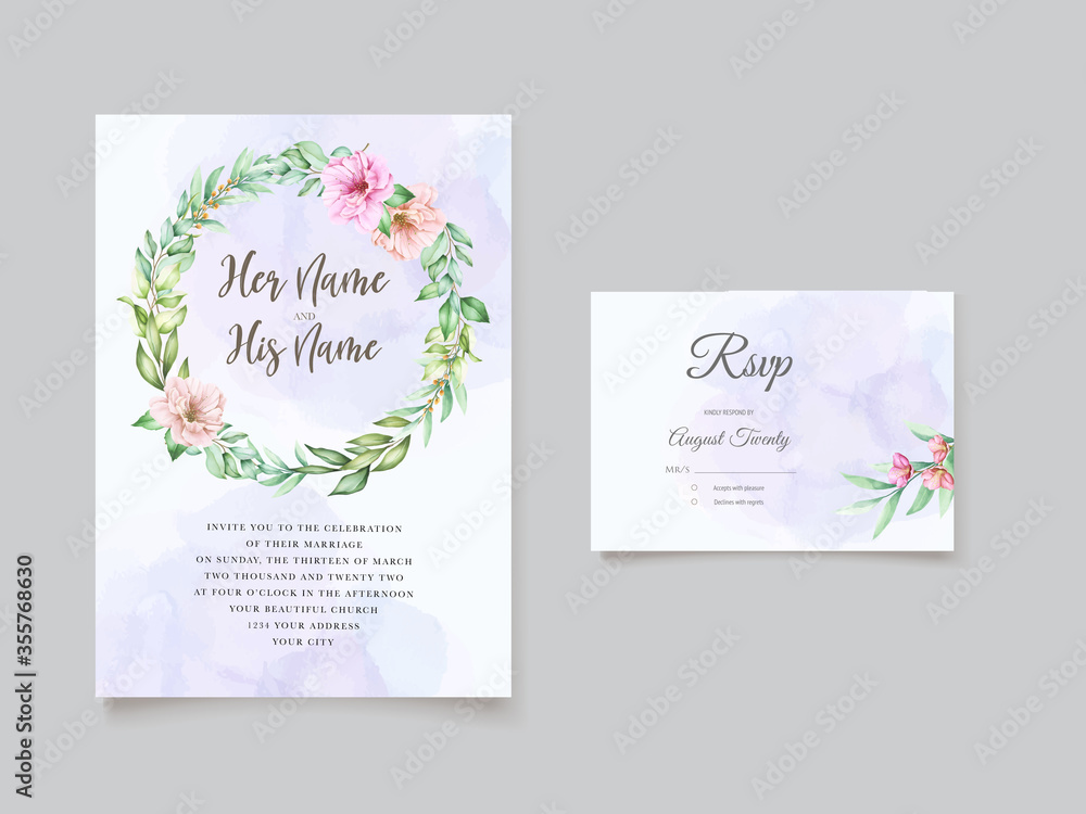 Elegant wedding card with beautiful floral and leaves template