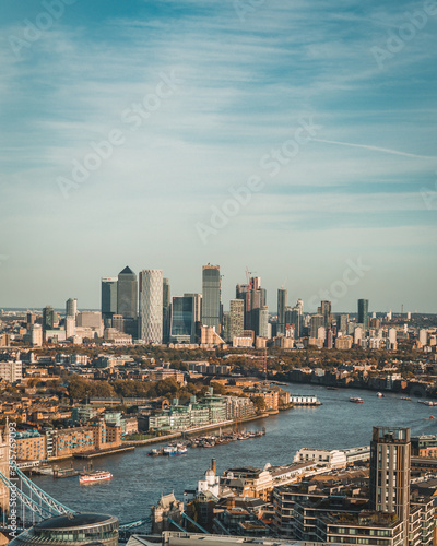 Cityscape skyline views of London with St Paul's Cathedral, the City of London, Canary Wharf, the Shard
