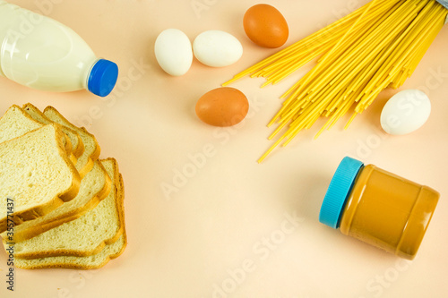 Healthy food set. Common consumption goods. Food delivery. Social Security Food Quarantine Crisis. Donation and volunteering.