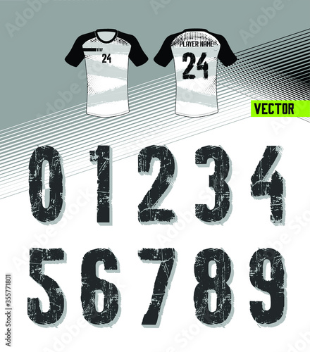Sport Jersey shirt number/ Uniform numbers in white with a white outside contour line  on white gray for American football, Baseball and Basketball or soccer for shirt