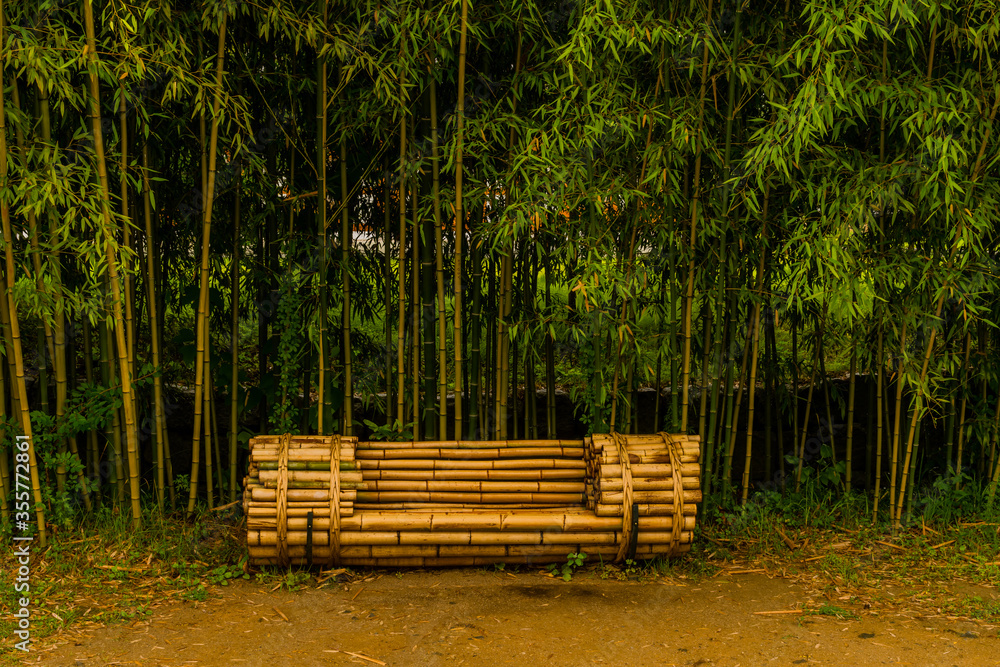 Bamboo park bench in public park