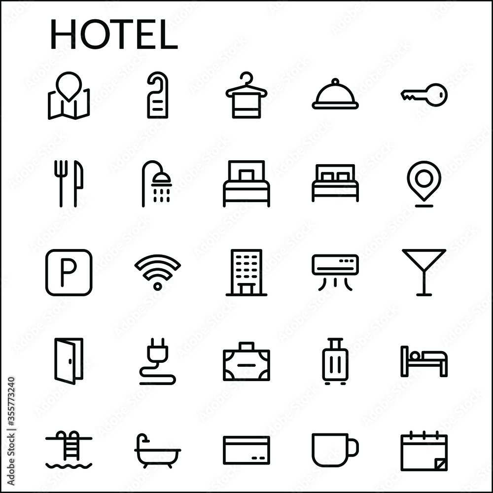 Simple Hotel Facility Icon Set With Line Style Contain Such Icon as Map, Location, Hanger, Towel, Wifi, Shower AC, Bed, Door, Bathroom, Bathub, Suitcase, Vacation and more. 48 x 48 Pixel Perfect Simple Hotel Facility Icon Set With Line Style Contain Such Icon as Map, Location, Hanger, Towel, Wifi, Shower AC, Bed, Door, Bathroom, Bathub, Suitcase, Vacation and more. 48 x 48 Pixel Perfect