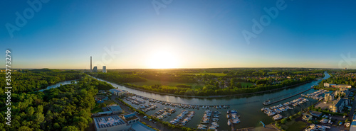 Panoramic sunset drone landscapes over the small yacht port in Luenen in Germany