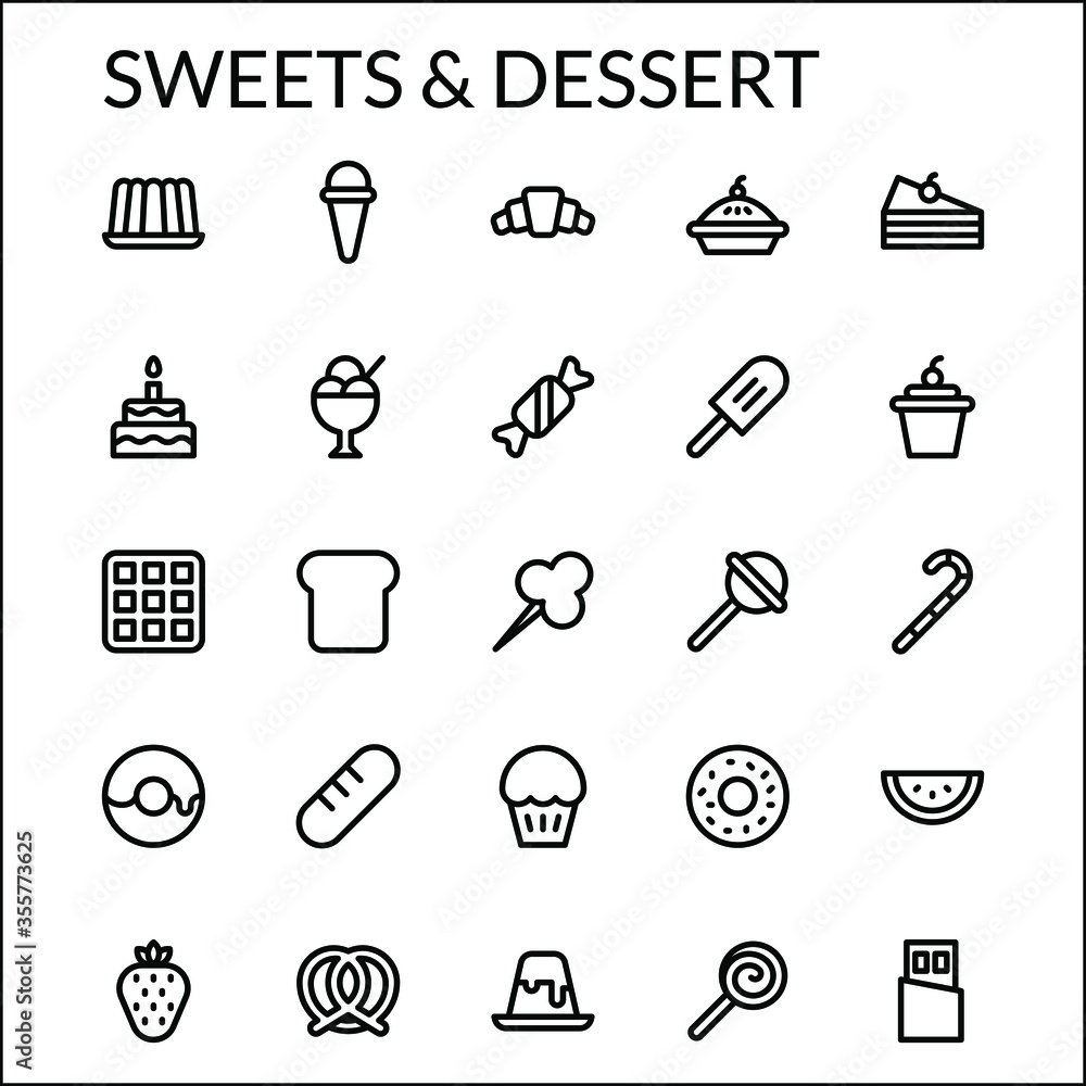 Simple Sweets & Dessert Icon Set With Line Style Contain Such Icon as Tart, Cake, Croissant, Candy, Muffin, Ice Ceream, Waffle, Bread, Donuts, Pudding, Lolipop and more. 48 X 48 Pixel Perfect Simple Sweets & Dessert Icon Set With Line Style Contain Such Icon as Tart, Cake, Croissant, Candy, Muffin, Ice Ceream, Waffle, Bread, Donuts, Pudding, Lolipop and more. 48 X 48 Pixel Perfect