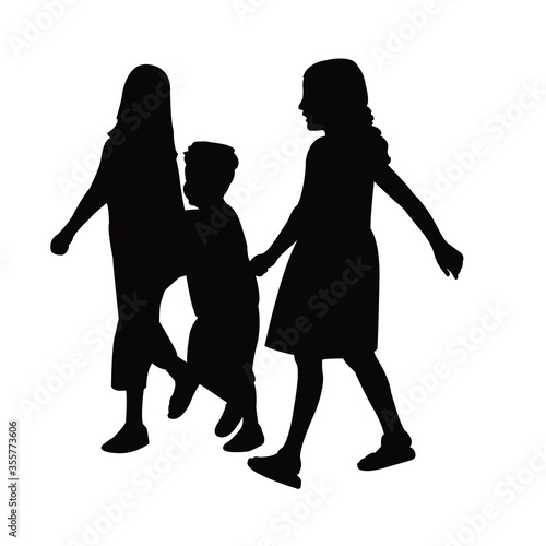three children walking, silhouette vector