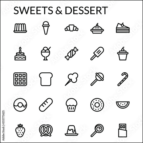 Simple Sweets & Dessert Icon Set With Line Style Contain Such Icon as Tart, Cake, Croissant, Candy, Muffin, Ice Ceream, Waffle, Bread, Donuts, Pudding, Lolipop and more. 48 X 48 Pixel Perfect