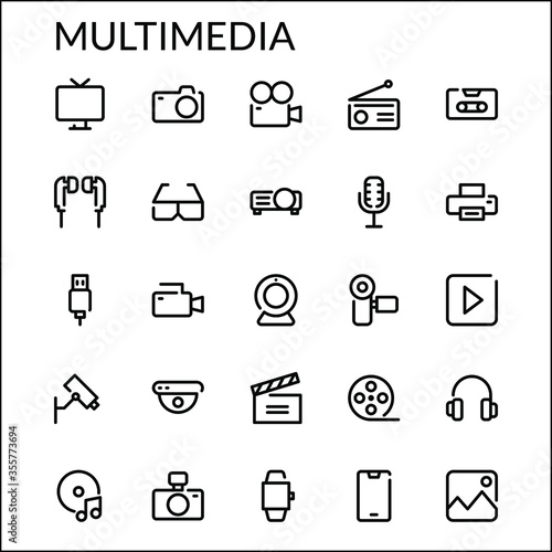 Simple Multimedia Line Style Contain Such Icon as Television, Camera, Radio, Music, Entertainment, Movie, Recording, Webcam, CCTV, Smartwatch and more. 48 x 48 Pixel Perfect