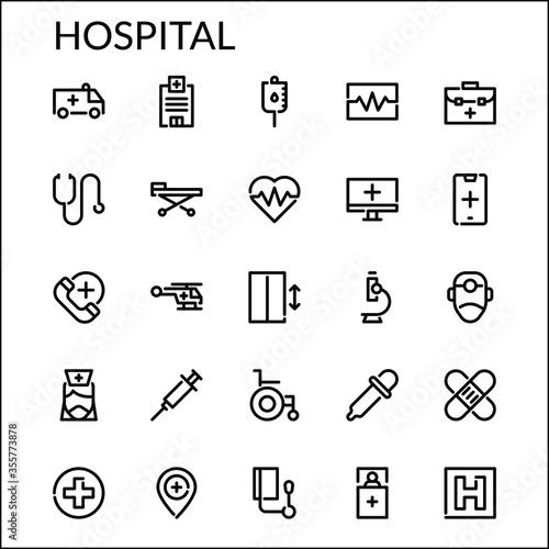 Simple Hospital Things Icons With Line Style Contain Such Icon as Ambulance, Emergency, Handicap, Syringe, Bed, Microscope, Doctor, Nurse, Stetoscope and more. 48 x 48 Pixel Perfect