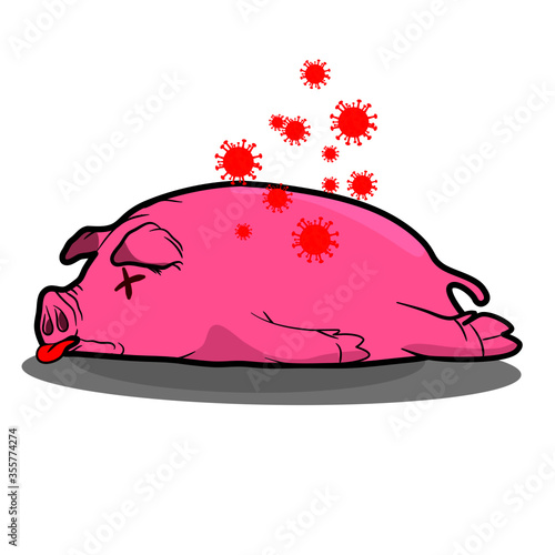 Cartoon pig lying dead with a group of viruses
