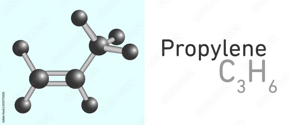 Propylene, Propene (C3H6) gas molecule. Stick model. Structural ...
