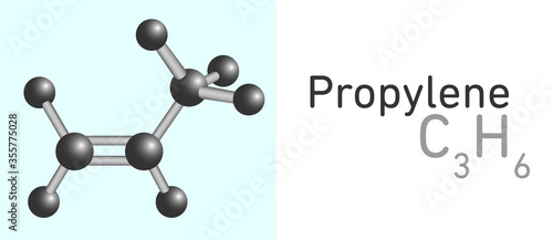 Propylene, Propene (C3H6) gas molecule. Stick model. Structural Chemical Formula and Molecule Model. Chemistry Education