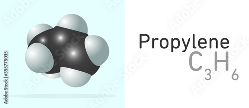 Propylene, Propene (C3H6) gas molecule. Space filling model. Structural Chemical Formula and Molecule Model. Chemistry Education