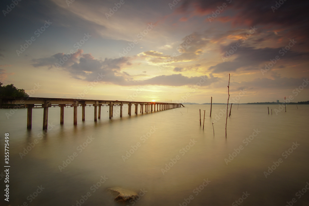 Long exposure shot of seascape at  sunset.