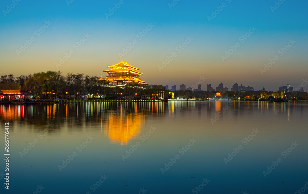 Tang Dynasty architecture at night view of Datang Furong Garden in Xi'an, Shaanxi Province, China