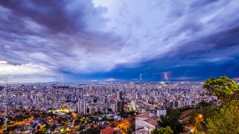 Panoramic Aerial View of Belo Horizonte City Skyline with Lightnings During a Thunder Storm Seen From Belvedere Park View Point in Minas Gerais State, Brazil