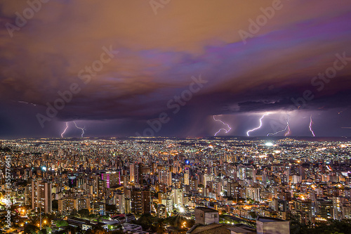 Panoramic Aerial View of Belo Horizonte City Skyline Seen From Belvedere Park View Point With Lightnings During a Thunder Storm At Night in Minas Gerais State, Brazil