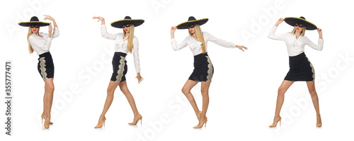 Woman wearing sombrero isolated on white © Elnur