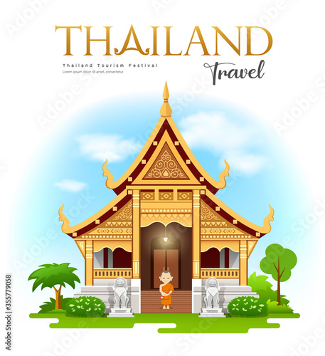 Wat Phra Singh Waramahavihan, Chiang Mai, Thailand travel Buddhist Temple and Historic Site design background, vector illustration