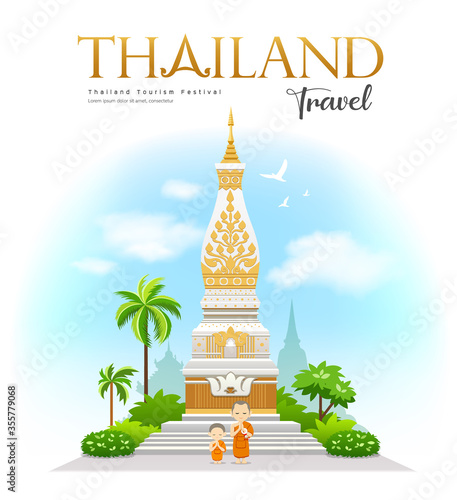 Wat Phra That Phanom, Nakhon Phanom Province, beautiful of Thailand Holy place, With welcoming monks and novices design, background, vector illustration