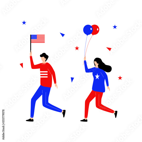 Fourth of July flat character running hold flag and balloons