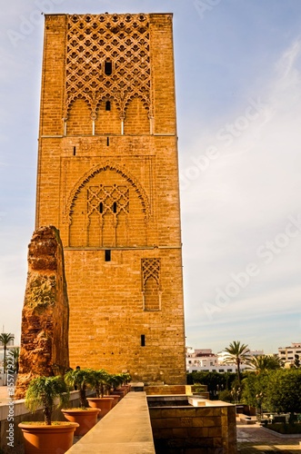 Hassan tower in Rabat Morocco next to the Mohammed 5 Mausoleum in downtown, historic mosque minaret, ruined wall, old Medina, Rabat places to visit and things to see, tourism