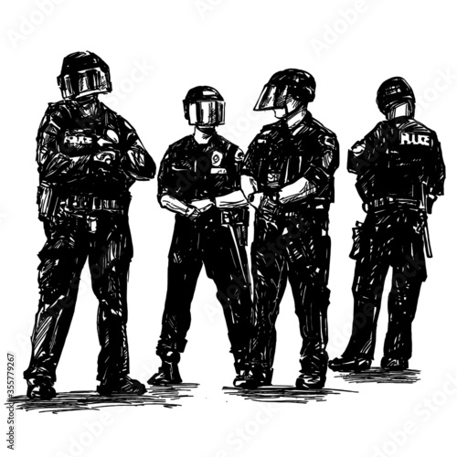 Drawing of 4 policemen are standing to waiting the protesters in America 