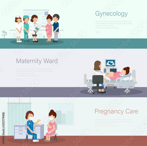 Set of medical banners with doctors and pregnant patients flat design vector illustration
