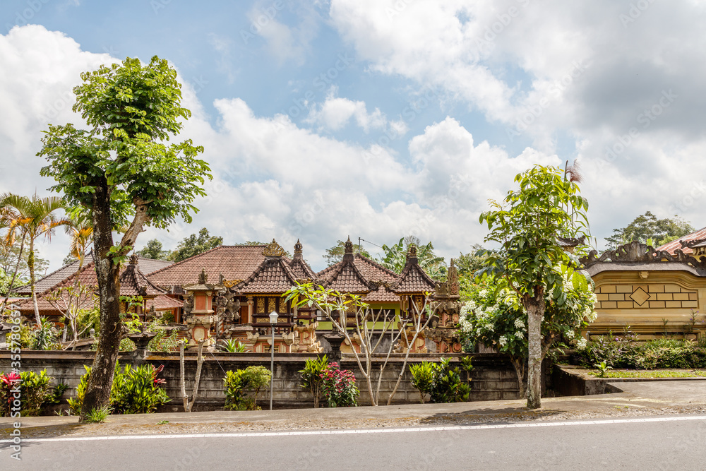 Streets of Desa Katung in Kintamani, Bangli, Bali, Indonesia. Traditional Balinese houses with family altars.