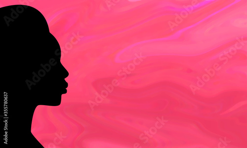 Black silhouette of woman with African features on left side of a blank pink background with painted, swirl effect and copy space for text. Great for beauty banners, posters, flyers and promotions.