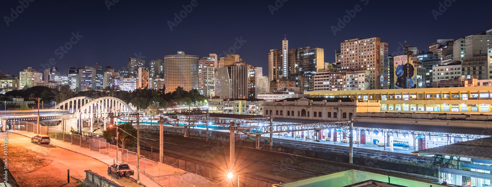 Obraz premium Belo Horizonte Downtown Cityscape and Train Station Panoramic View At Night, Minas Gerais State, Brazil