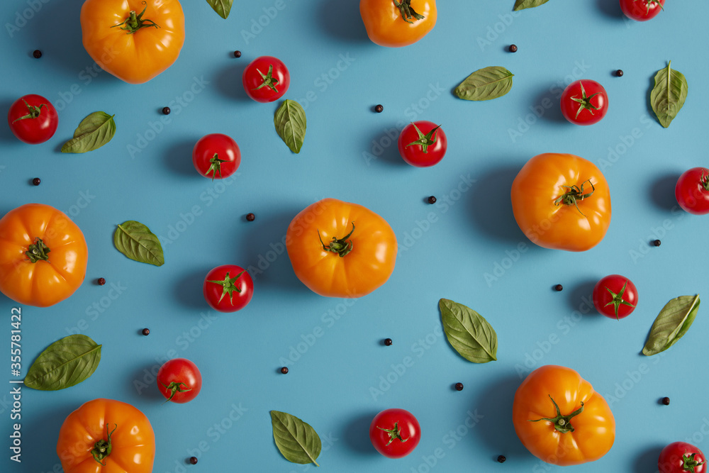 Ripe fresh red and yellow tomatoes growned in greenhouse, basil leaves and peppercorn on blue background. Heirloom vegetables for nutrition. Agriculture and harvesting. Natural organic food, vitamins Ripe fresh red and yellow tomatoes growned in greenhouse, basil leaves and peppercorn on blue background. Heirloom vegetables for nutrition. Agriculture and harvesting. Natural organic food, vitamins