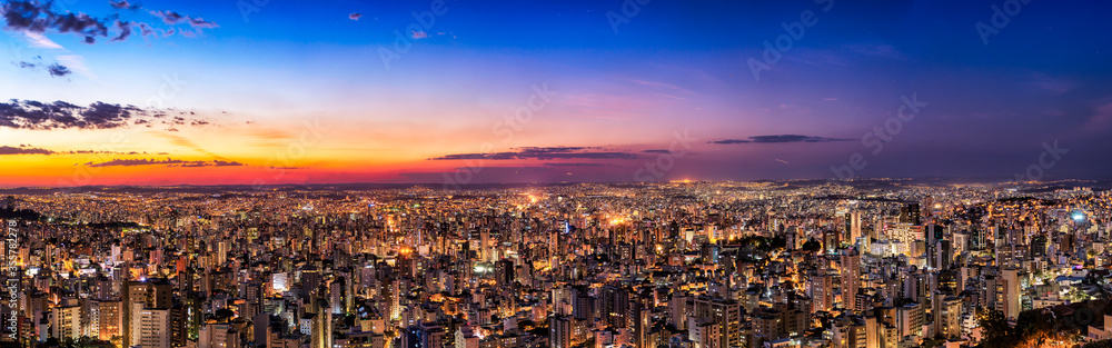 Panoramic Night Cityscape View During Dusk Sunset From Water Tank Lookout in Belo Horizonte, Minas Gerais State, Brazil