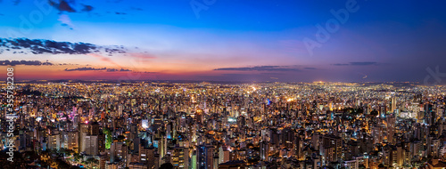 Panoramic Night Cityscape View During Colorful Sunset From Water Tank Lookout in Belo Horizonte, Minas Gerais State, Brazil
