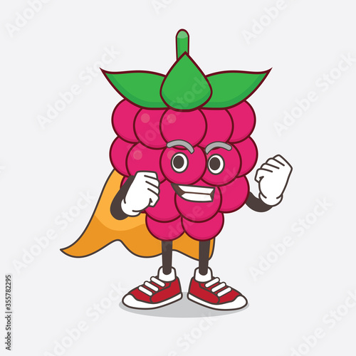 Raspberry Fruit cartoon mascot character dressed as a Super hero