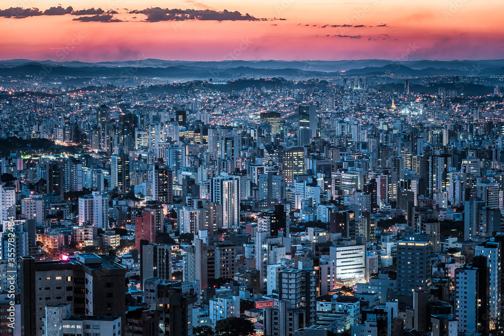 Panoramic Cityscape View During Dusk Sky From Water Tank Lookout in Belo Horizonte, Minas Gerais State, Brazil