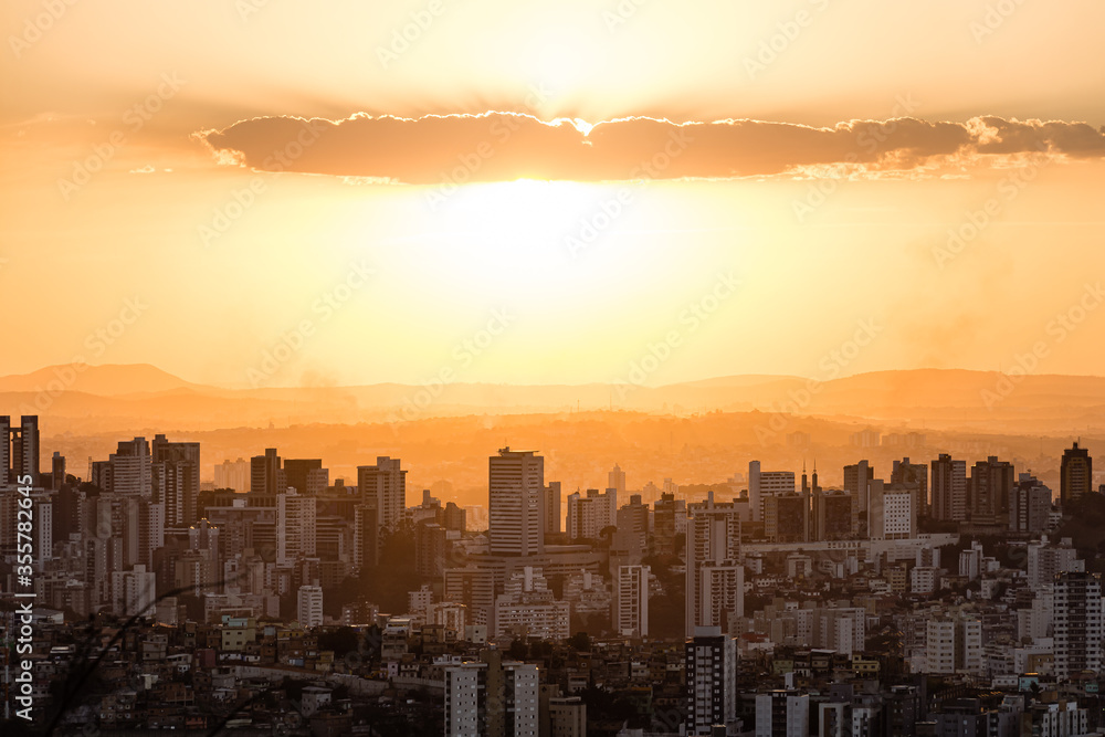 Cityscape View During Golden Sunset From Water Tank Lookout in Belo Horizonte, Minas Gerais State, Brazil