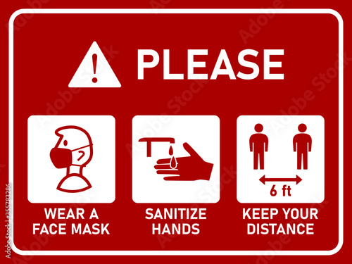 Horizontal Instruction Signboard with Basic Set of Measures against the Spread of Coronavirus Covid-19 including Wear a Face Mask, Sanitize Hands and Keep Your Distance 6 ft or 6 Feet. Vector Image.